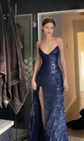 Pretty Sheath Spaghetti Straps Slit Navy Blue Sequin Prom Dresses Evening Dress HZ1024