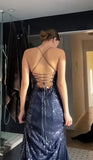 Pretty Sheath Spaghetti Straps Slit Navy Blue Sequin Prom Dresses Evening Dress HZ1024