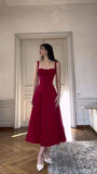 Sexy A Line Straps Red Midi Length Evening Dress Prom Dresses Birthday Outfits HZ1024