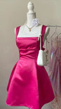 Chic A line Square Neckline Hot Pink Satin Short Party Dresses Homecoming Dresses HZ1024