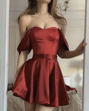 Chic A line Off The Shoulder Burgundy Satin Short Party Dresses Homecoming Dresses HZ1024