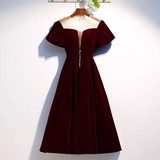 Simple A line Short Sleeves Velvet Red Bridesmaid Dress HZ1024