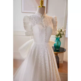 Beautiful A line High Neckline Lace White Wedding Dresses With Bownot HZ1024