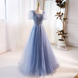 A line Short Sleeves Long Tulle Blue Prom Dress HZ1024