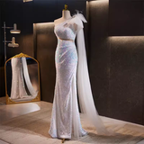 Luxury Mermaid One Shoulder Long Sequin White Prom Dress HZ1024