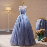 Luxury A line Straps Long Sequin Blue Prom Dress HZ1024