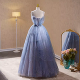 Luxury A line Straps Long Sequin Blue Prom Dress HZ1024