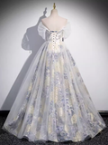 Beautiful A line Strapless Floral Blue Long Prom Dress HZ1024