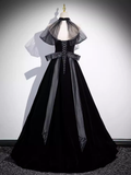 Simple A line High Neckline Velvet Black Long Prom Dress HZ1024