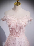 Sparkly A Line Off The Shoulder Pink Long Prom Dress HZ1024