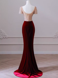 Mermaid Short Sleeves Burgundy Long Prom Dress HZ1024