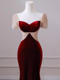 Mermaid Short Sleeves Burgundy Long Prom Dress HZ1024