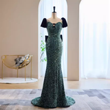 Mermaid Short Sleeves Green Sequin Long Prom Dress HZ1024