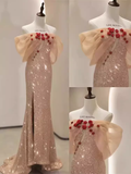 Mermaid Off The Shoulder Short Sleeves Sequin Long Prom Dress HZ1024