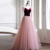 Simple A line Short Sleeves Tulle Long Prom Dress HZ1024