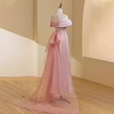 Simple A line Off The Shoulder Short Sleeves Pink Long Prom Dress HZ1024