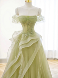 A-Line Off Shoulder Tulle Lace Green Long Prom Dress HZ1024