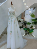 A-Line Off Shoulder Tulle Lace Applique White Long Prom Dress HZ1024