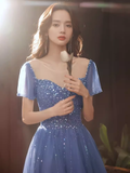 Elegant A line Short Sleeves Long Blue Prom Dress HZ1024