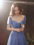 Elegant A line Short Sleeves Long Blue Prom Dress HZ1024
