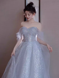 Simple A line Off The Shoulder Tulle Long Prom Dress HZ1024