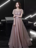 Simple A line Short Sleeves Pink Long Prom Dress HZ1024