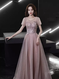 Simple A line Short Sleeves Pink Long Prom Dress HZ1024
