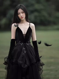 Vintage A line Straps Black Tulle Velvet Long Prom Dress HZ1024