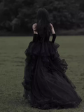 Vintage A line Straps Black Tulle Velvet Long Prom Dress HZ1024