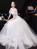 Cute A line Short Sleeves White Long Prom Dress HZ1024