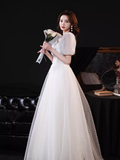 Cute A line Short Sleeves White Long Prom Dress HZ1024