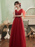Vintage A line Short Sleeves Tulle Red Prom Dress HZ1024