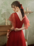 Vintage A line Short Sleeves Tulle Red Prom Dress HZ1024