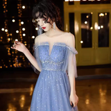 Vintage A line Short Sleeves Tulle Blue Prom Dress HZ1024