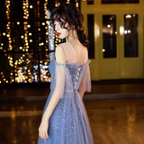 Vintage A line Short Sleeves Tulle Blue Prom Dress HZ1024