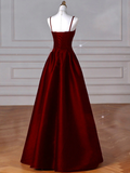 Sexy Wine Red A-Line Straps Satin Long Burgundy Prom Dresses HZ1024