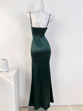 Sexy Mermaid Sleeveless Green Satin Long Prom Dress HZ1024