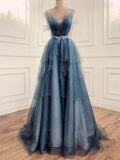 Elegant Ball Gown Straps Long Tulle Blue Prom Dress HZ1024