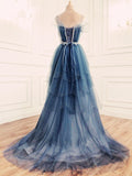 Elegant Ball Gown Straps Long Tulle Blue Prom Dress HZ1024