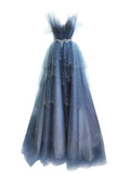 Elegant Ball Gown Straps Long Tulle Blue Prom Dress HZ1024