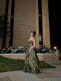 Pretty Ball Gown Strapless Green Satin Long Prom Dresses With Silver Beads HZ1024
