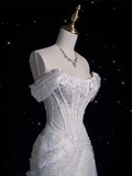 Elegant Mermaid Off The Shoulder Sequin Long White Wedding Dresses HZ1024