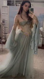 Princess Strapless Off The Shoulder Long Sleeves Dusty Green Floor Length Long Prom Dresses HZ1024
