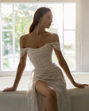 Elegant Sheath Off The Shoulder Sequin Slit Prom Dress Birthday Outfits With Ruffles HZ1024