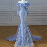 Sparkly Blue Prom Dresses With Bow Sequins Off The Shoulder Formal Party Dress HZ1024